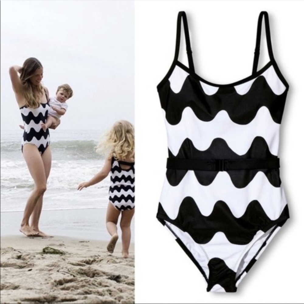 Marimekko Black & White Waves One Piece Belted Swimsuit